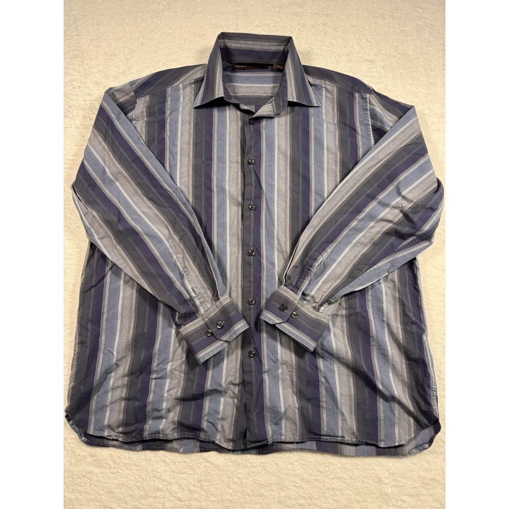 Perry Ellis Mens XL Blue Striped Long Sleeve Button Down 100%‎ Cotton Shirt